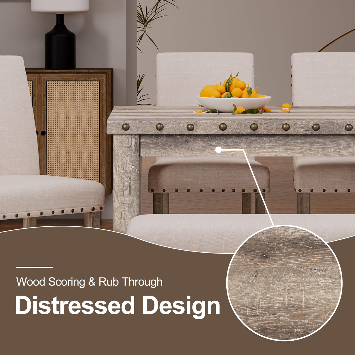 Morden Fort Rustic Dining Table Set for 6, Farmhouse Kitchen Dining Chairs for 6, Charming 60" Rectangular Wooden Table&6 Upholstered Chair with Nailhead Accents for Dining Hub,Breakfast Nook Morden Fort