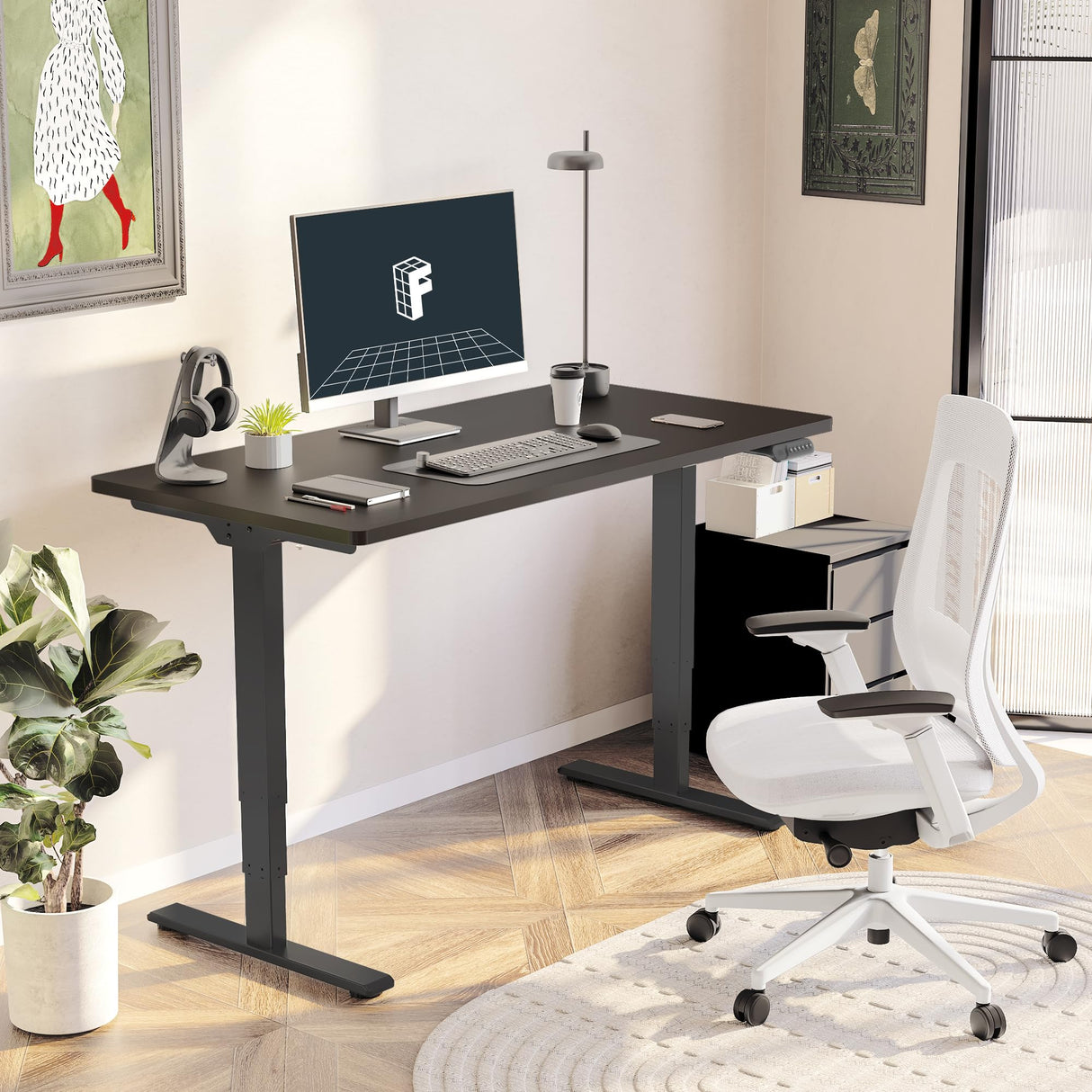 FLEXISPOT E6 Essential Standing Desk 3 Stages Dual Motor Electric 60x24 Inch Whole-Piece Board Height Adjustable Desk Electric Sit Stand Desk(Black Frame + Black Desktop, 2 Packages) FLEXISPOT