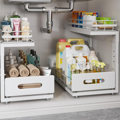 Biboraya 2 Pack Under Sink Organizer with Smooth Ball Bearing Slides,2-Tier Pull Out Cabinet Storage,Slide Out Drawers for Bathroom&Kitchen,Under Sink Shelf,Rust-resistant Coating,Height Adjustable