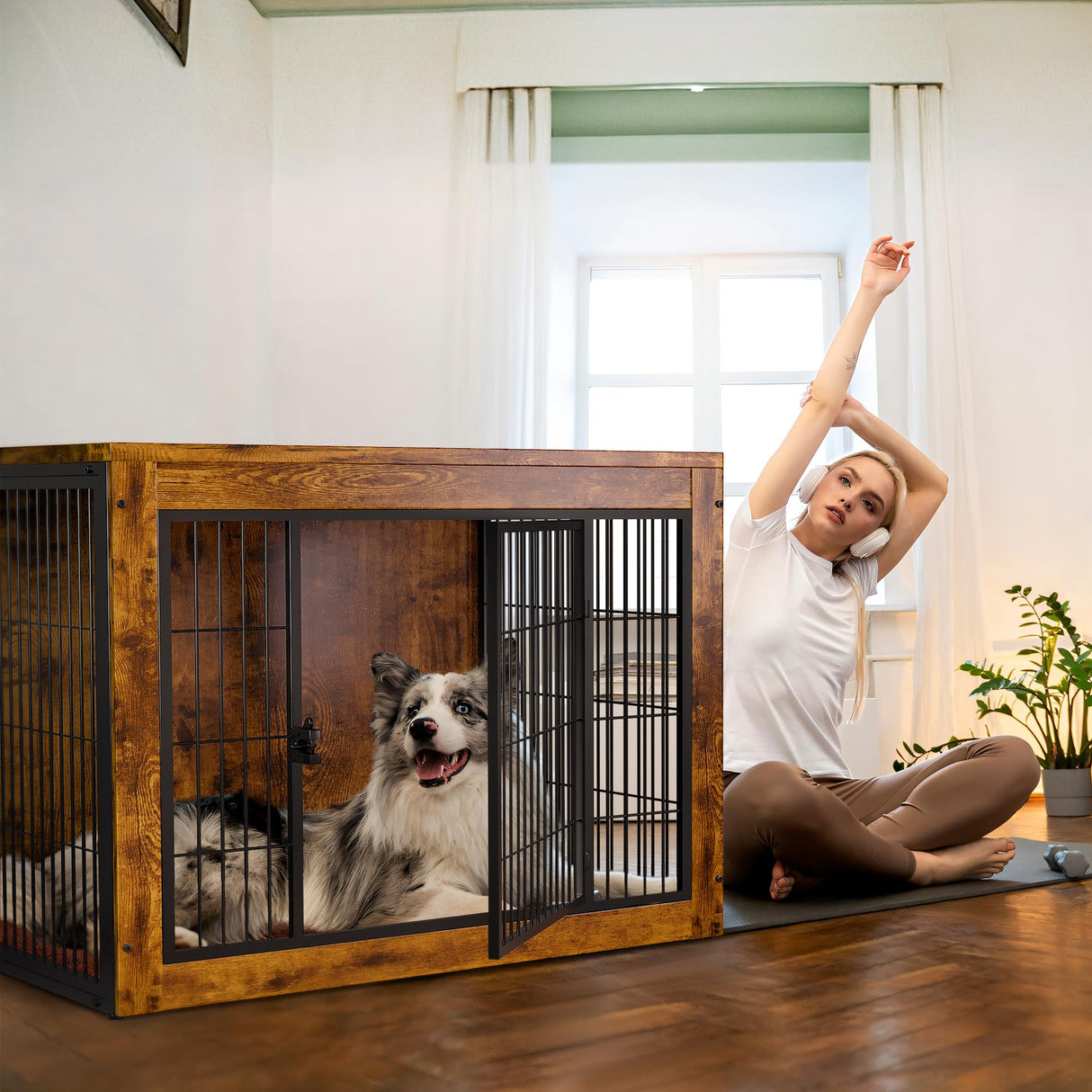 Dog Crate Furniture with Cushion, Indoor Dog Kennel with Double Doors, Side End Table Dog Cage, Pet House for Small/Medium/Large Dog, Easy Assemble (Rustic Brown, L(38.8’’x 25.7’’x27’’)) GUNJI