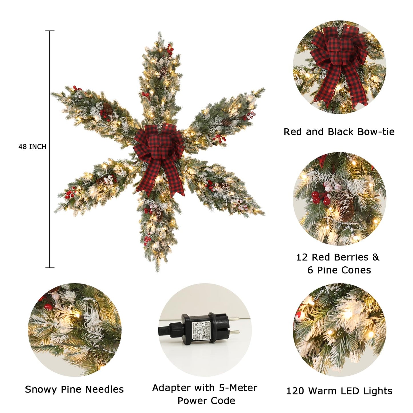 hogardeck Snowy Christmas Star Wreath, 48 Inch Artificial Large Christmas Wreath with Berry Pine Cones Bow-tie 120 Lights, Pre-lit Snowflake Wreath for Xmas Home Wall Front Door Indoor Outdoor, 4 FT﻿