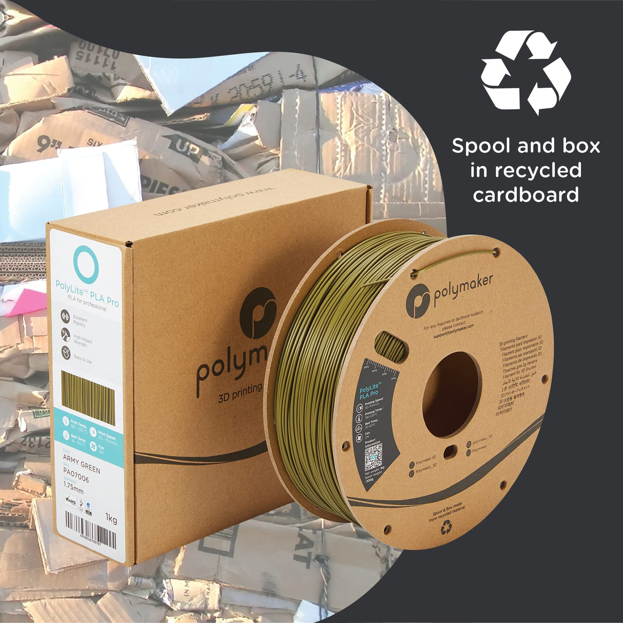 Polymaker PLA PRO Filament 1.75mm, Tough & High Rigidity Army Green 1.75mm 1kg Cardboard Spool - PolyLite PLA PRO 3D Printer Filament 1.75mm, Print with Most 3D Printers Using 3D Filament POLYMAKER
