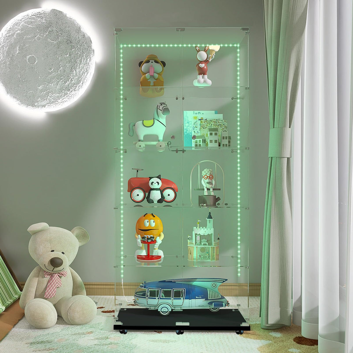 Fetuero Glass Display Cabinet,5 Shelves Double Doors LED Lights Curio Cabinet for Collection with Wheels, 74.8" High Glass Display Case for Living Room Bedroom Playroom Office,Black Fetuero