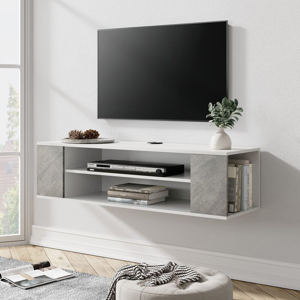WAMPAT White Floating TV Stand Wall Mounted Shelf Entertainment Center Floating TV Cabinet Media Console Wood Storage Hutch Under TV for Living Room,Grey White,39 Inch WAMPAT