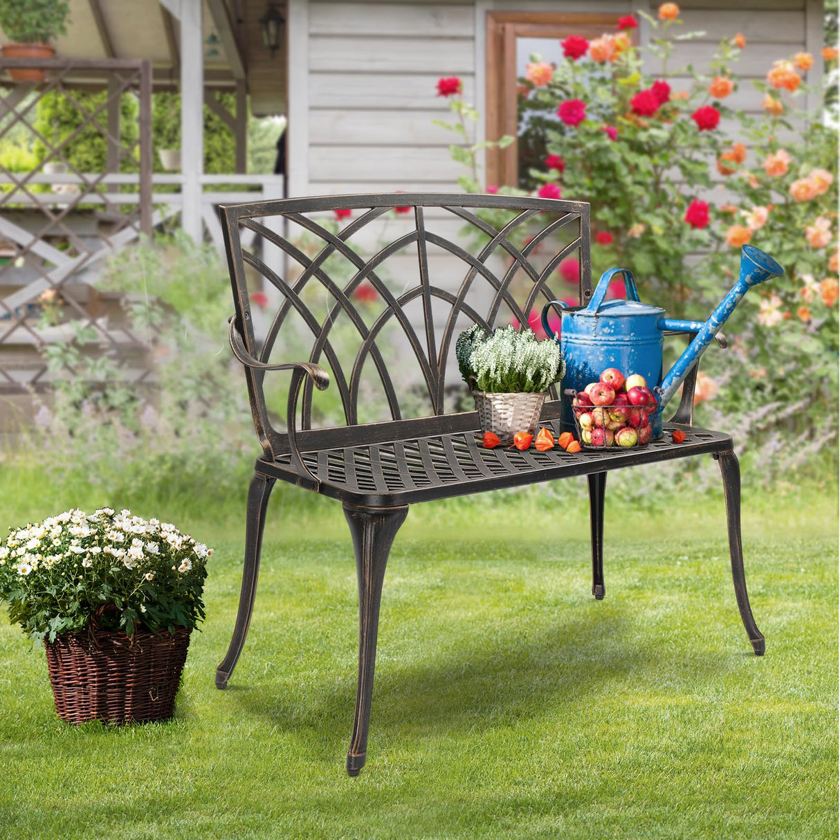 VINGLI 38" Outdoor Bench Cast Aluminium Garden Bench, Orchid Porch Bench Patio Bench Deck Furniture for 1-2 Person Seat (Brown) VINGLI