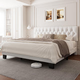 Einhomn King Upholstered Bed Frame with Headboard, Button Tufted Linen Bed Base, Platform Bed with Wood Slat, Heavy Duty, Easy Assembly, No Box Spring Needed, White Einhomn