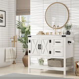 AMERLIFE 36" Farmhouse Bathroom Vanity with Sink Combo, Wood Barn Door Freestanding Small Single Bath Storage Cabinet Set with Sliding Drawers & Open Shelf, Paper Towel Holder, Antique White AMERLIFE