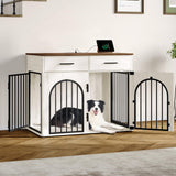 Hzuaneri 39.4'' Large Dog Crate Furniture with 2 Storage Drawers, Heavy Duty Dog Kennel Indoor with Charging Station, Wooden Dog Cage End Table Kennel for Medium/Large Dogs, White Brown DFC84214B Hzuaneri
