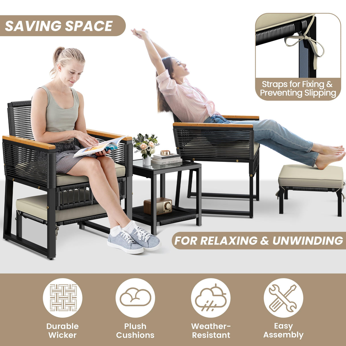 Yaheetech 5-Piece Outdoor Conversation Set, Wicker Rattan Patio Furniture Set w/Rattan Armchairs, 2-Layer Side Table, Ottomans, Acacia Wood Armrests & Metal Frame for Backyard, Porch, Balcony Yaheetech