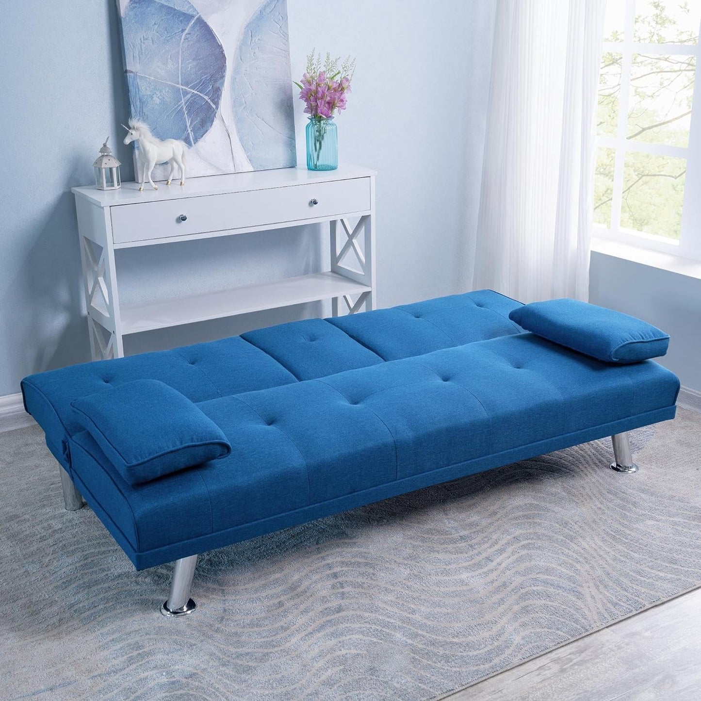 Naomi Home Blue Futon Sofa Bed, Linen Futon Couch with Armrest and 2 Cupholders, Pull Out Sofa Bed Couch with Metal Legs, Reclining Small Couch Bed, Blue Couches for Living Room