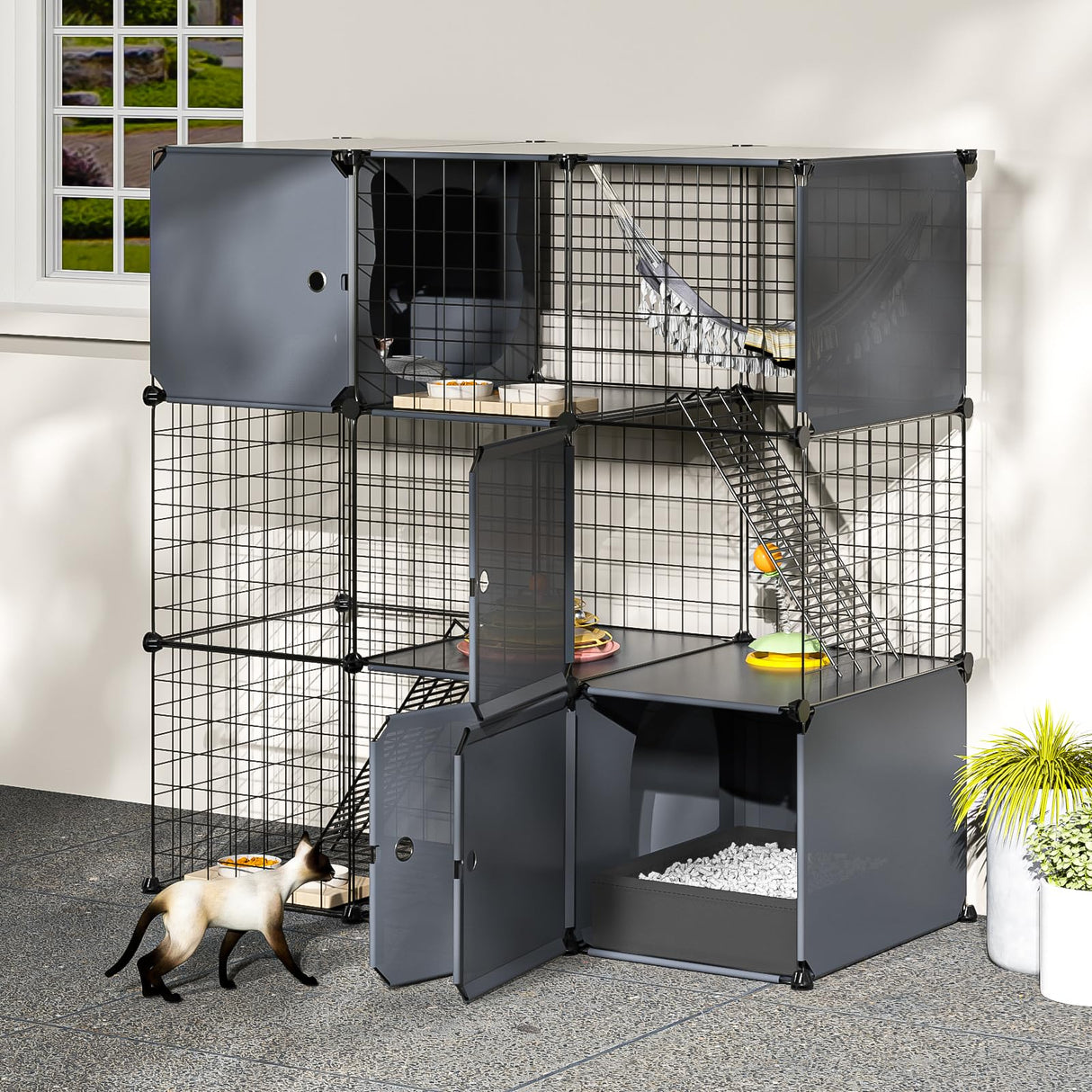 PAWING Indoor Cat Enclosure Outdoor 3-Tier Large Playpen Catio Cat Cage Outdoor Cat Crate Detachable Metal Wire Kennel Medium Kitten Cage PAWING