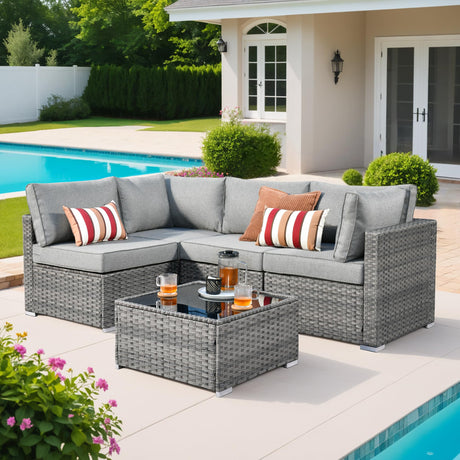 Weaxty 5 Pieces Wicker Patio Furniture Sets, Outdoor Sectional Sofas with Coffee Table, Thicken Cushion All Weather Rattan Patio Conversation Couch Set for Porch Balcony Yard Poolside, Dark Grey weaxty W