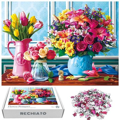 Jigsaw Puzzles 1000 Pieces for Adults Spring Flowers, Colorful Flowers Jigsaw Puzzles, Plants Tulip Rose Daisy Challenging Funny Puzzles for Friends Family Activity Game Nights