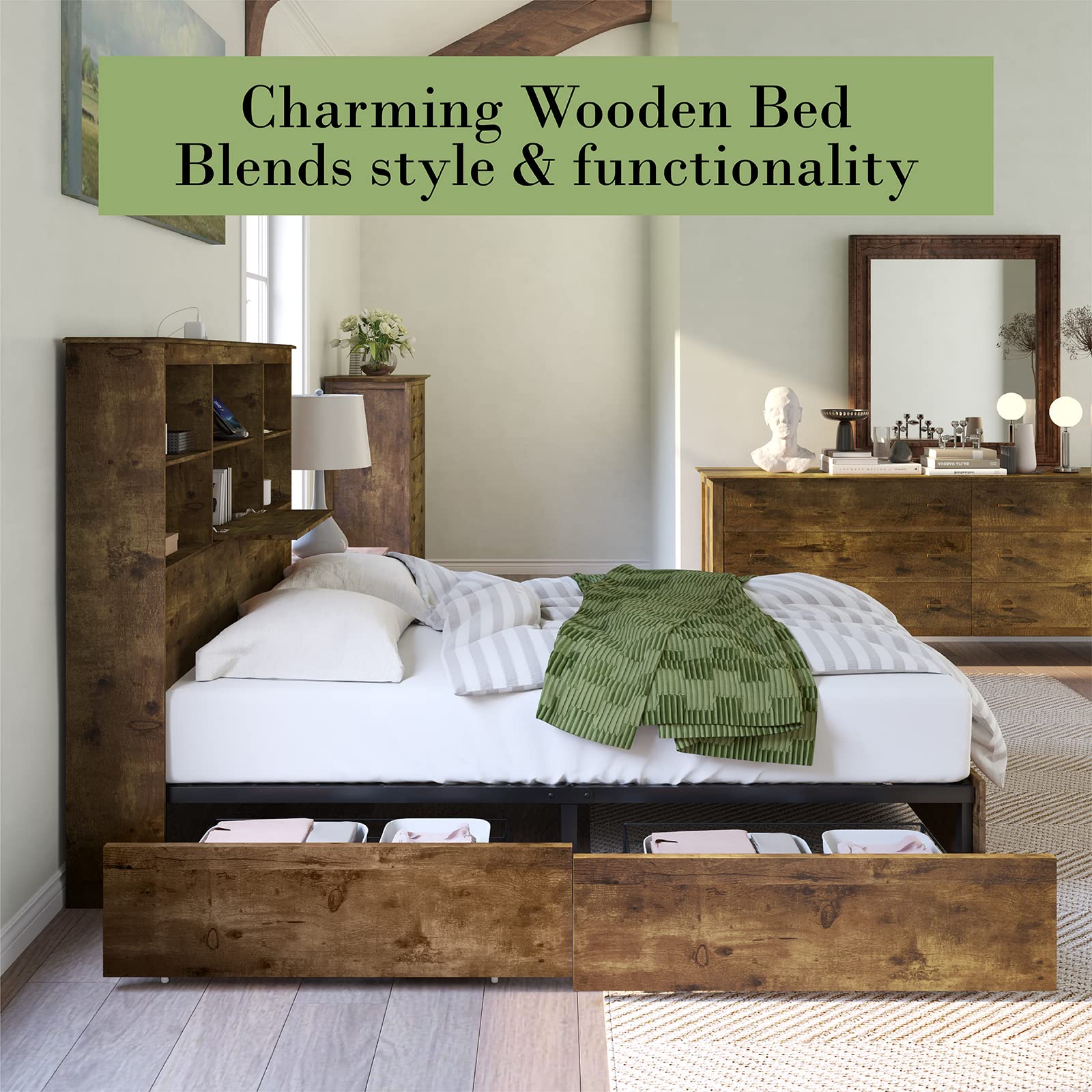 AMERLIFE Rustic Brown King Size Wooden Bed Frame with LED Bookcase Headboard, Storage Drawers, and Charging Station - WoodArtSupply