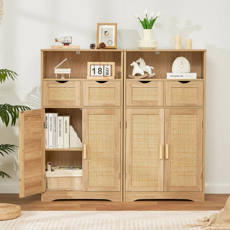 Iwell Storage Cabinet with 2 Drawers & Adjustable Shelves, Rattan Cabinet, Kitchen Pantry Cabinets, Cupboard for Living Room, Kitchen, Home Office, Natural Iwell