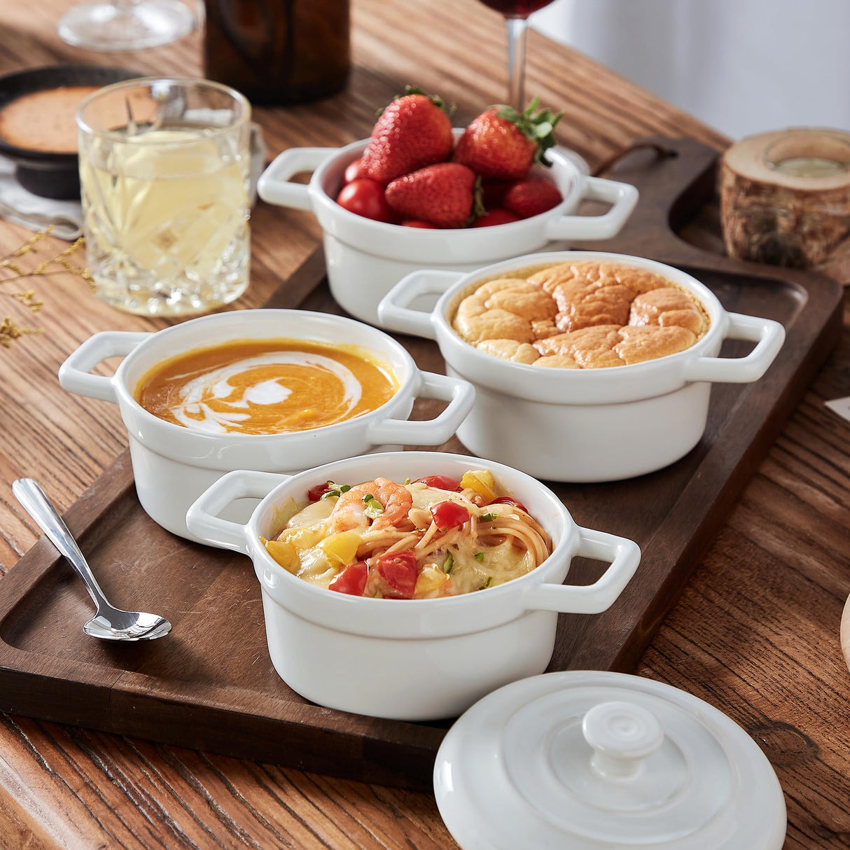 Lareina Mini Cocotte - 12oz Ceramic Casserole Dishes - Kitchen Casserole Sets With Handles And Lid - Small Baking Ramekins - Oven, Microwave & Dishwasher Safe - Set of 4 - White Lareina