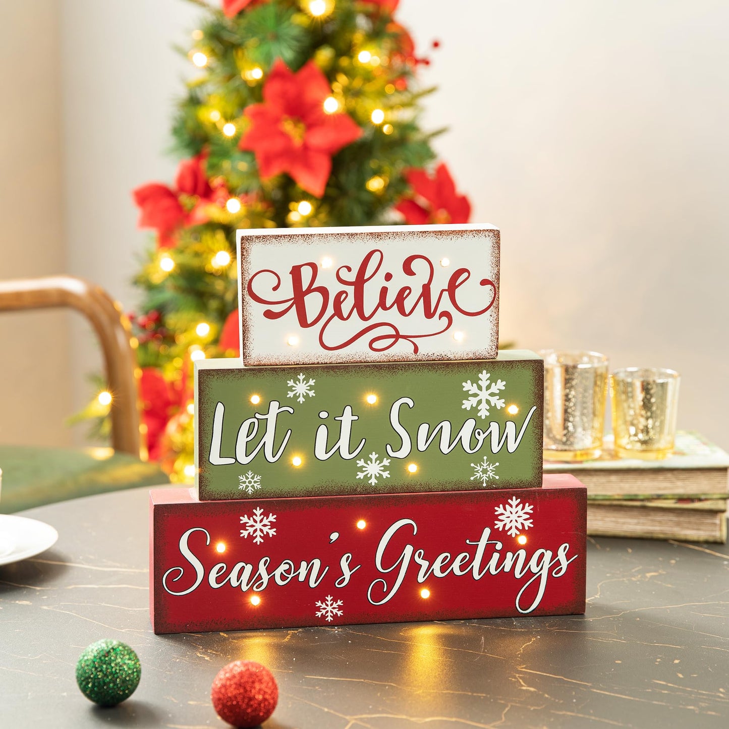 Glitzhome Wooden Block Sign, Christmas Table Decorative Signage, Believe Let It Snow Season's Greetings, 11.81 x 1.57 x 10.59 inches, MDF, Farmhouse Wood Block Decor