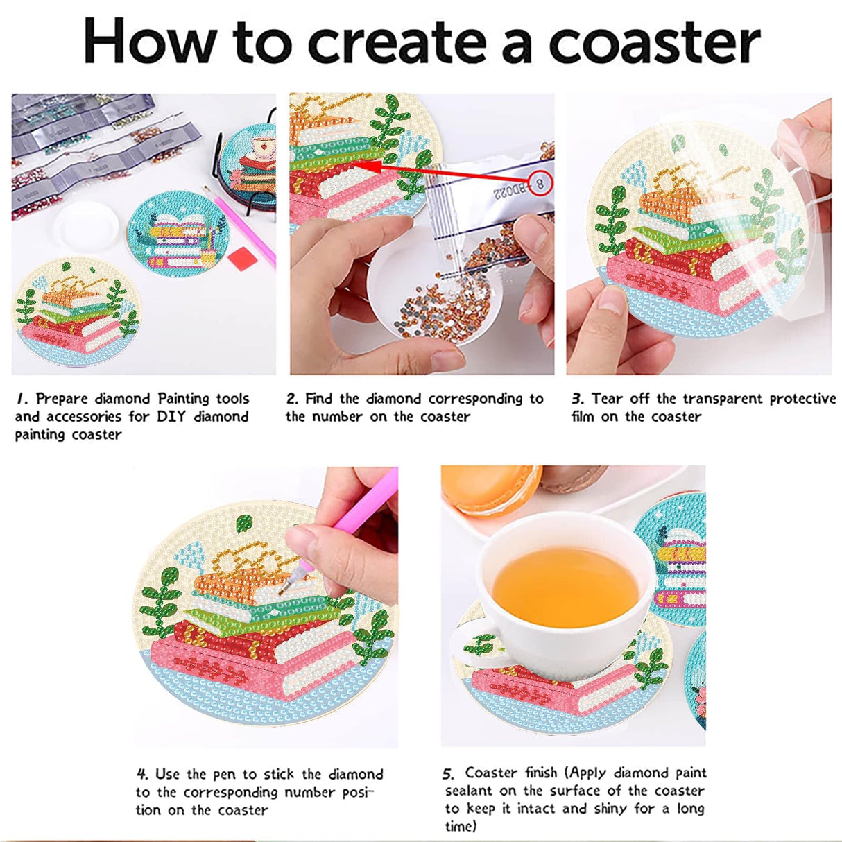 8 Pcs Book Diamond Art Coasters Kit for Adults, Book Lovers Wooden Coffee Diamond Painting Coasters with Holder, 5D Gem Art Dots Painting Coaster With Cork Pads - Crafts Supplies for Home Decor Fotasmua