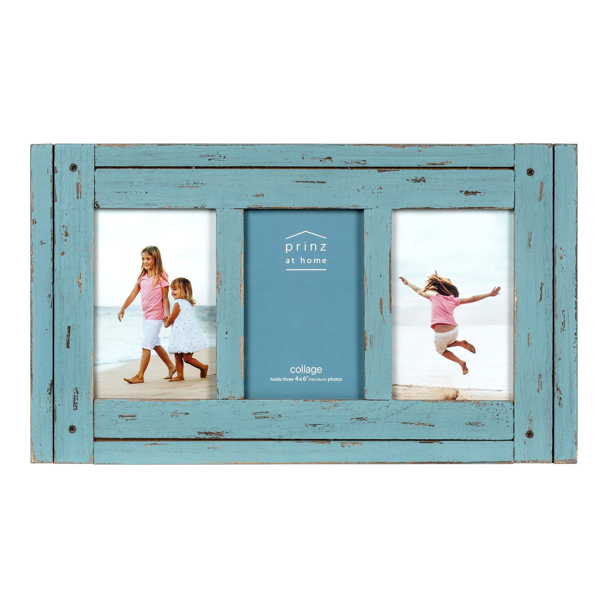 Prinz Homestead Blue Three-Picture Frame, 4 x 6 Distressed Wood Collage Frame, Wooden Rustic Decor, Two-Way Easel, Can Be Wall-Mounted, 15.5 x 0.75 x 9.1 Inches - WoodArtSupply