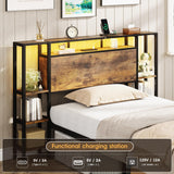 Maupvit Twin Bed Frame with 3-Tier Storage Shelves, Storage Drawer and Headboard, Twin Size Bed with Charging Station & LED Lights, Metal Platform Bed with Storage, No Box Spring Needed, Brown Maupvit