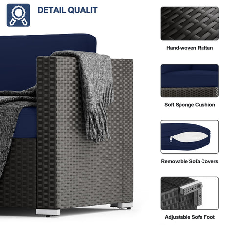 SUNCROWN 7-Piece Outdoor Patio Furniture Sofa Set All-Weather Wicker Sectional Conversation Set with Modern Glass Coffee Table and Cushions-Dark Blue SUNCROWN