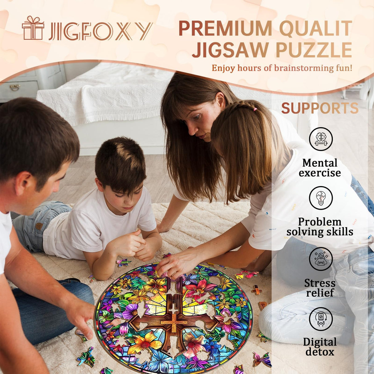 Jigfoxy Wooden Puzzles for Adults, Stained Glass Cross Wood Puzzles Adult, Unique Animal Shape Wooden Jigsaw Puzzles for Adults, Birthday Gifts for Puzzle Lovers, Family (M-11.4 * 11.4in-200pcs) Jigfoxy