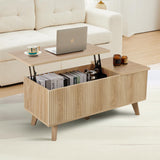 affeivul Boho Lift Top Coffee Table with Storage for Living Room, Bedroom, Rectangle Low Fluted Coffee Table with Drawers, Contemporary Pop Up Coffe Table Convertible Rising (Natural) affeivul