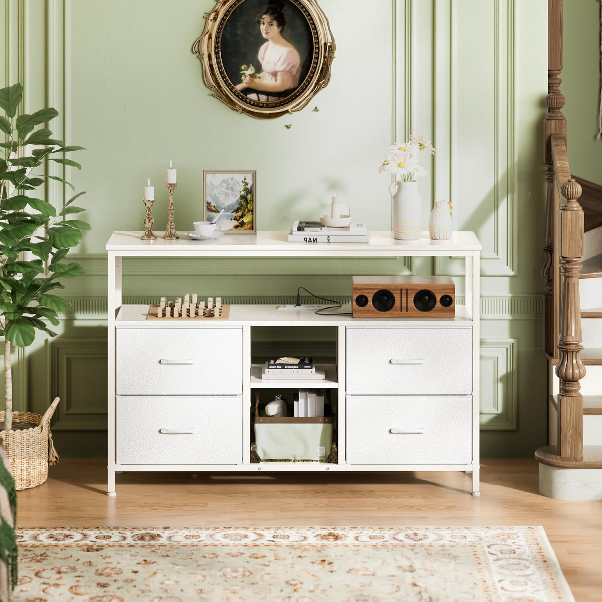 Huuger TV Stand Dresser with Power Outlets and LED Lights, 4 Drawers Entertainment Center with Open Shelf, Media Console for 50 43 Inch TV, Dresser with PU Finish, White Huuger