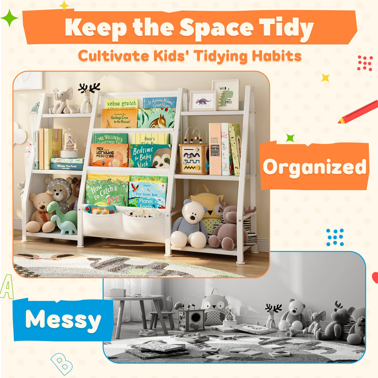 GoTiling Kids Bookshelf Large Storage Bookcase: 3-Tier White Book Sling Shelf Toy Organizer for Toddler - Display Rack with 3 Pockets for Kids Rooms, Bedroom, Playroom, Nursery (Wood + Metal) GoTiling