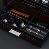 Woodronic Watch Organizer Case, 10 Slots Wood Watch Box Display Holder with Storage Drawer and Pillows, Glossy Finish, Glass Top and 2-Tiered Design, Gift for Men (Flat-top) Woodronic