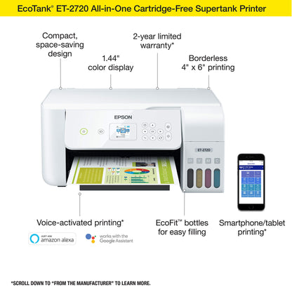 Epson EcoTank ET-2720 Wireless Color All-in-One Supertank Printer with Scanner and Copier - White