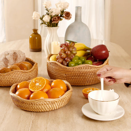 AMIDECOR Rattan Woven Fruit Basket, Natural Round Bread Basket, Decorative Fruit Bowl for Kitchen Counter, Kitchen Storage Baskets for Vegetables, Eggs,Snacks AMIDECOR