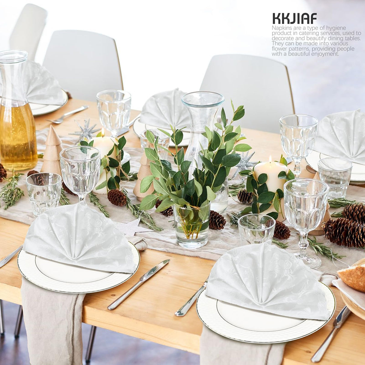 KKJIAF White Jacquard Satin Napkins (12 Pack, 17x17 Inches), Square Damask Silky Table Napkins for Wedding Banquet Party Restaurant Dinner Decoration KKJIAF