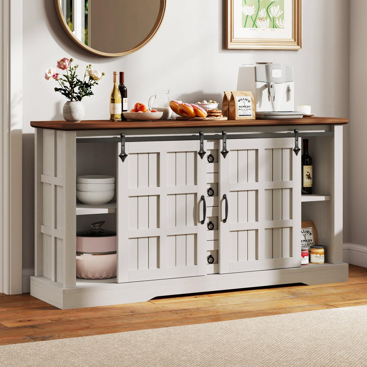 YITAHOME Farmhouse Buffet Cabinet with Storage, 59" Sideboard Cabinet w/Sliding Barn Doors and 4 Drawers, Kitchen Cabinets for Living Room, White Oak YITAHOME