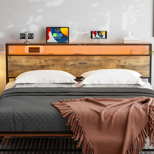 SIKHST King Size LED Headboard with Storage Shelf & Charging Ports - Rustic Brown - WoodArtSupply