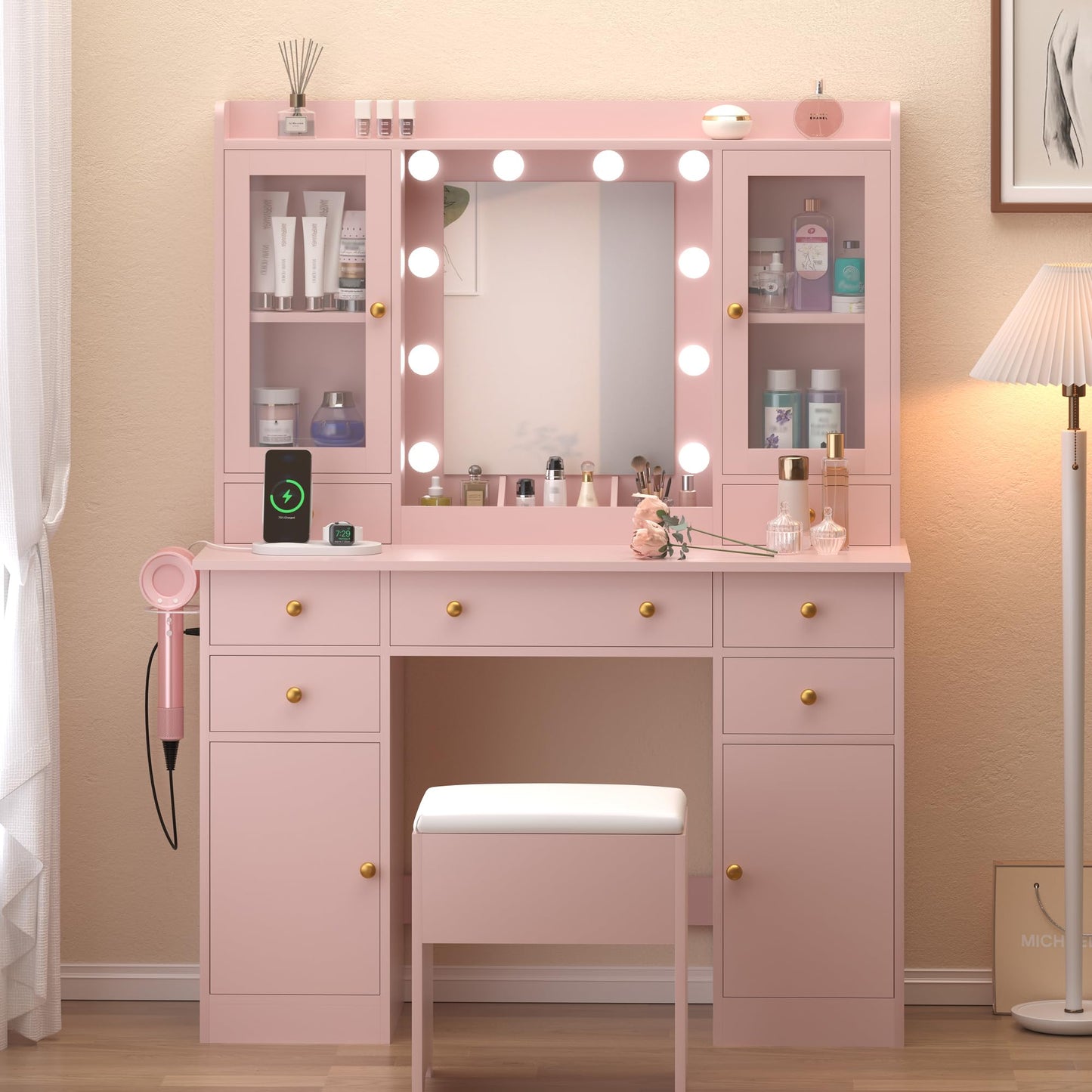 Wodeer Vanity Desk with Lighted Mirror & Power Strip,Makeup Vanity Table with RGB LED Lights & Chair,White Dressing Table Set with 7 Drawers & 2 Cabinet for Girls Women Bedroom & Dressing Room,Pink