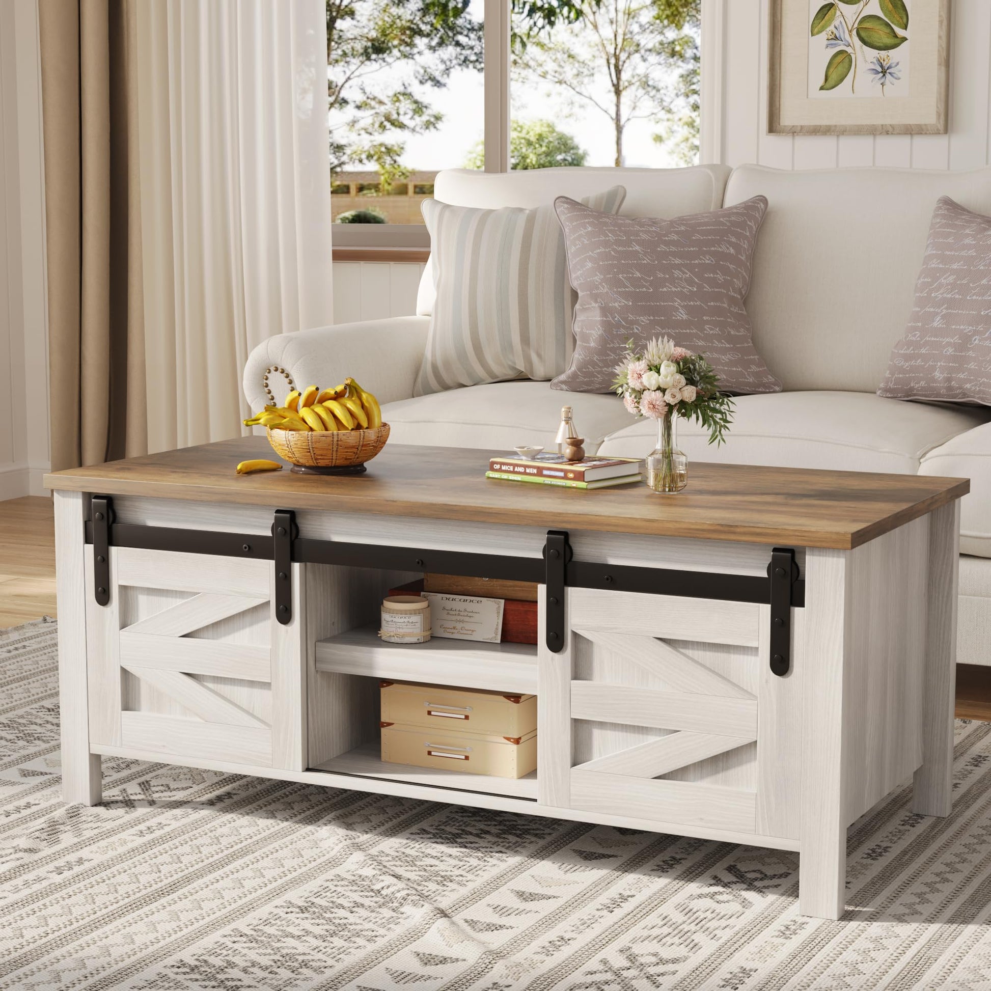 Furmax Coffee Table with Storage and Sliding Barn Doors, Farmhouse Living Room Table with Adjustable Shelves, Wood Rustic Center Table for Home Living Meeting Room (Antique White) - WoodArtSupply