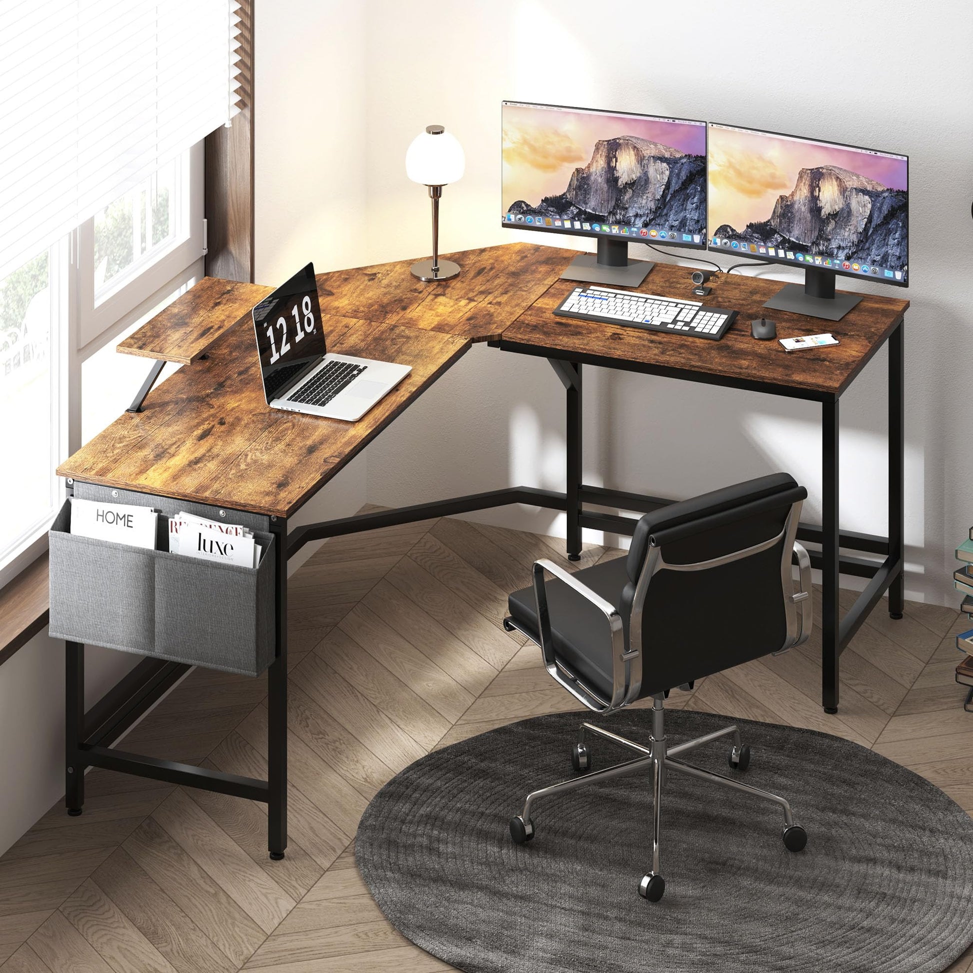 DlandHome Reversible L-Shaped Desk Large Corner Desk Folding Table Computer Desk Home Office Table Computer Workstation, Retro - WoodArtSupply