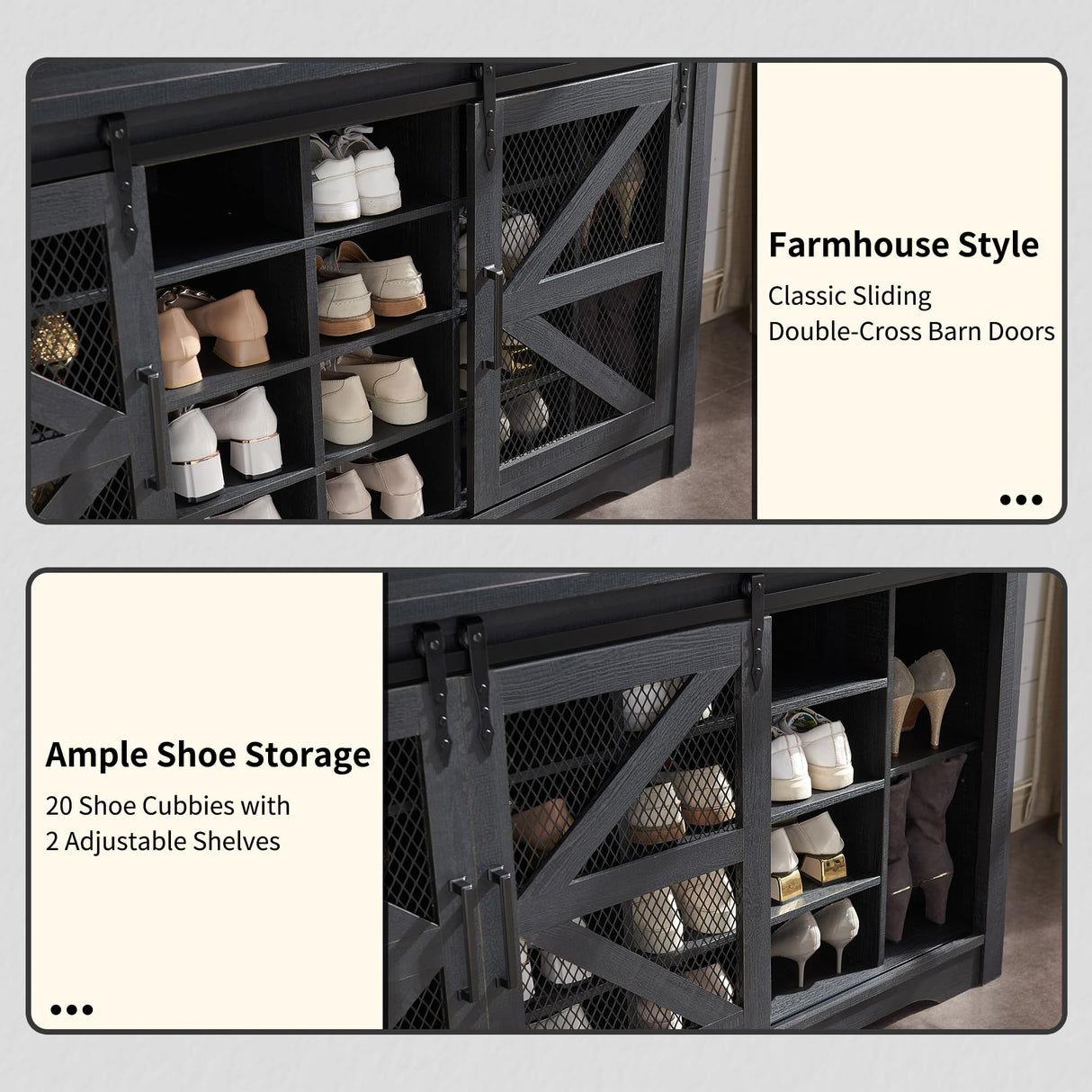 JXQTLINGMU Farmhouse Entryway Hutch with Coat Rack, 20 Shoe Cubbies & 12 Coat Hooks Wide Hall Tree with Shoe Storage Bench, Mudroom Storage Cabinet (Black) JXQTLINGMU