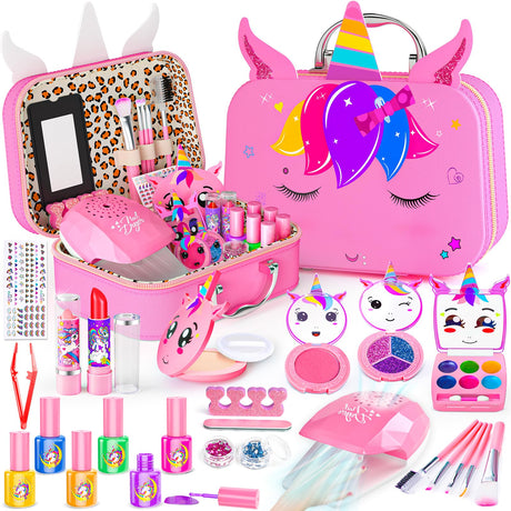 Kids Makeup Kit for Girl - 2 In 1 Kids Washable Makeup Toys & Nail Art Kits with Nail Dryer and Cosmetic Case, Princess Dress Up Set for Girls, Real Girls Makeup Set for Ideal Gifts Toys for 3-12 Year Mqsiuve