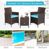 COSTWAY 3 Pieces Patio Rattan Furniture Set, Outdoor Wicker Cushioned Sofa with Tempered Glass Tabletop, Rattan Conversation Set for Porch Yard Balcony Backyard Pool, Turquoise COSTWAY