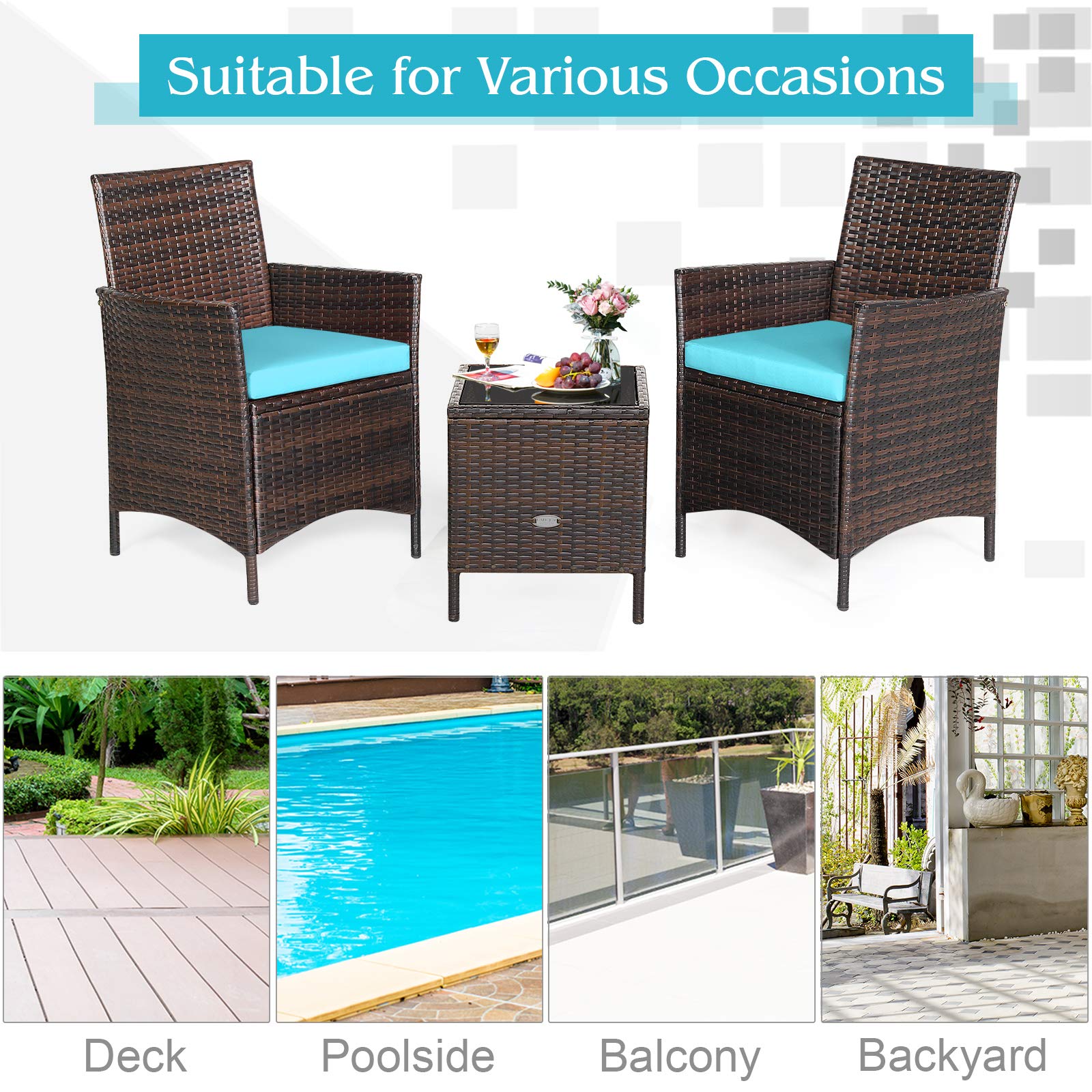 COSTWAY 3 Pieces Patio Rattan Furniture Set, Outdoor Wicker Cushioned Sofa with Tempered Glass Tabletop, Rattan Conversation Set for Porch Yard Balcony Backyard Pool, Turquoise - WoodArtSupply