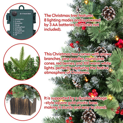 Jin&Bao 4FT Potted Christmas Tree with 100 Lights, Artificial Christmas Tree Outdoor Decor 8 Mode Timer Waterproof with Round Pine Cones & Red Berries for Front Door, Porch, 2 Pack