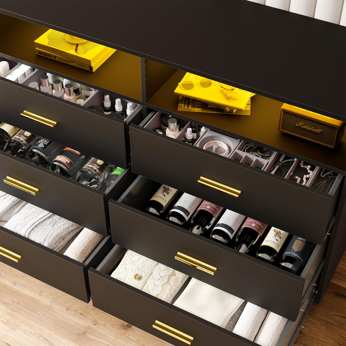 EnHomee Dresser for Bedroom,Black Dresser with LED, Wood Dresser with Smooth Metal Rail, 6 Drawer Dresser with Large Organizer Large Dresser & Chests of Drawers Wide Dresser Bedroom Furniture,Black EnHomee