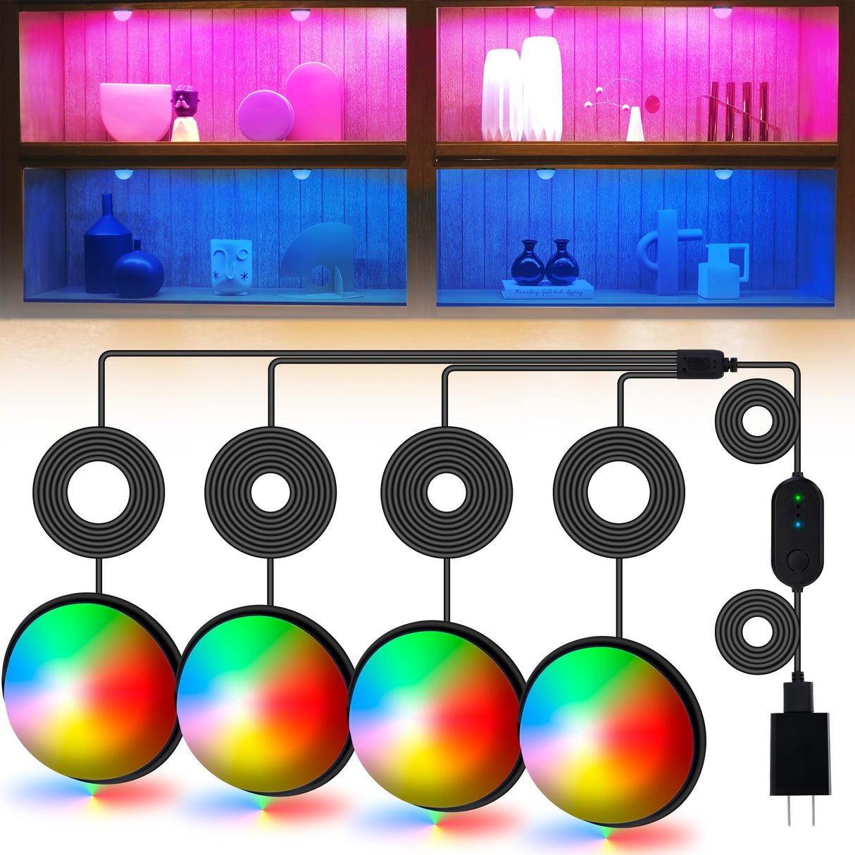 4 Pack RGB Shelf Lights, Wired Display Lights with Memory Function, Plug-in Bookshelf Lighting, Color Changing Under Shelf Lighting, RGB Puck Lights for Shelf/Cabinet/Display Case, Button Control JUSJUBR