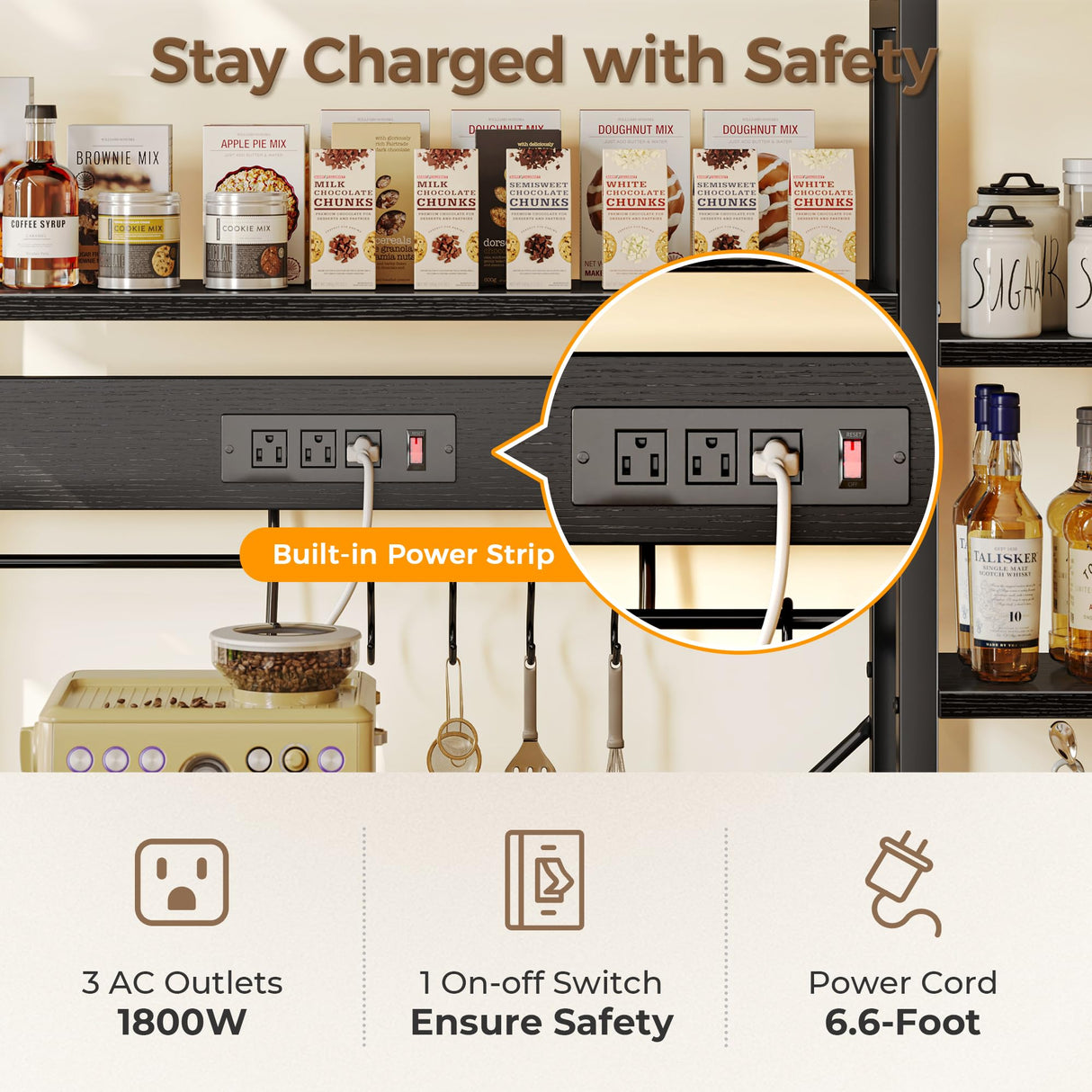 SUPERJARE Larger Bakers Rack with Power Outlets, 6-Tier Microwave Stand, Coffee Bar with 12 S-Shaped Hooks, Kitchen Shelf with Wire Basket, 47.2 x 15.5x 66.9 Inches, Black SUPERJARE