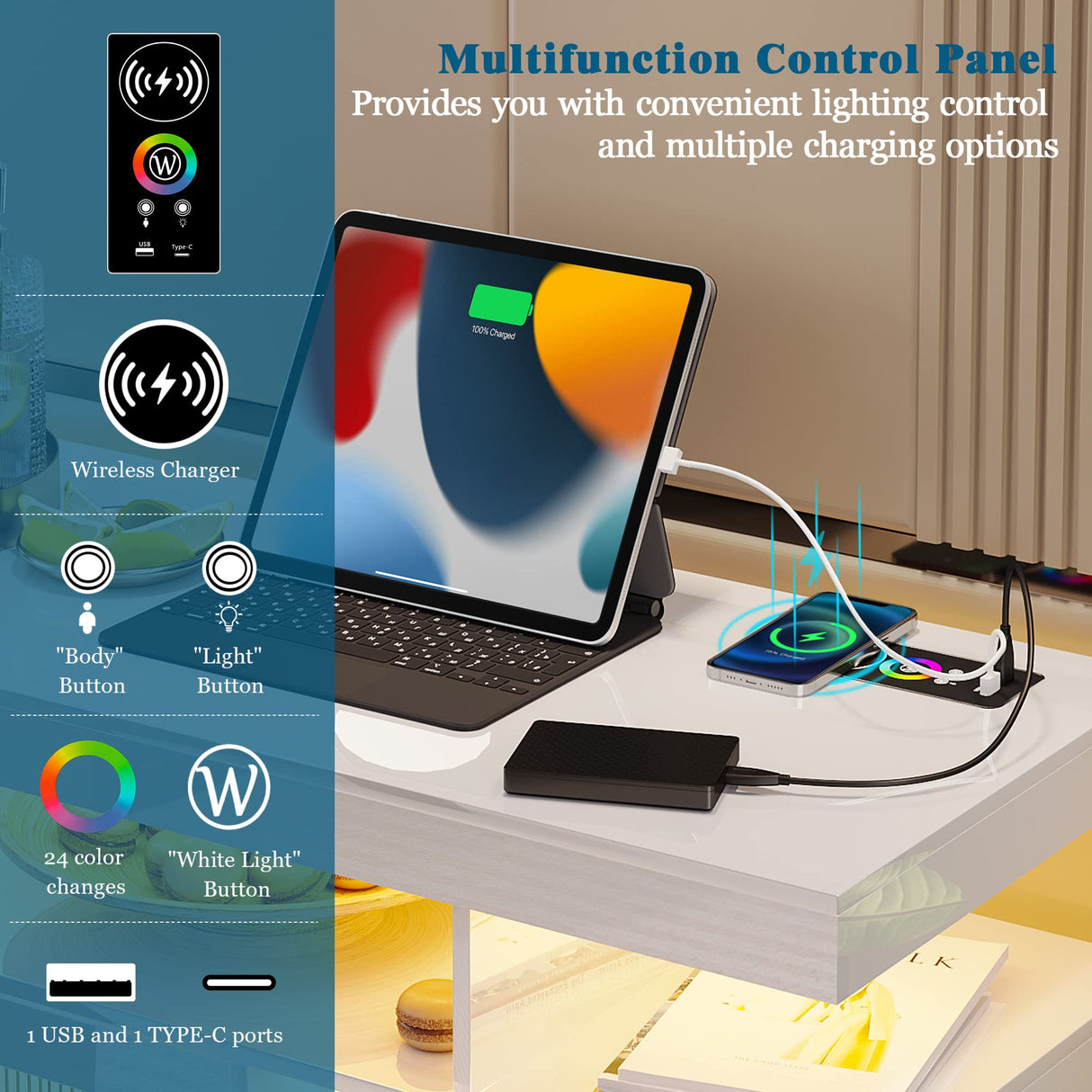 WOOVIVS 39.4" Modern LED Sideboard Buffet Cabinet with Charging Station, High Glossy Cupboard with Motion Sensor Light, Coffee Bar Storage Cabinet with Acrylic Panel for Living Room, Kitchen (White) WOOVIVS