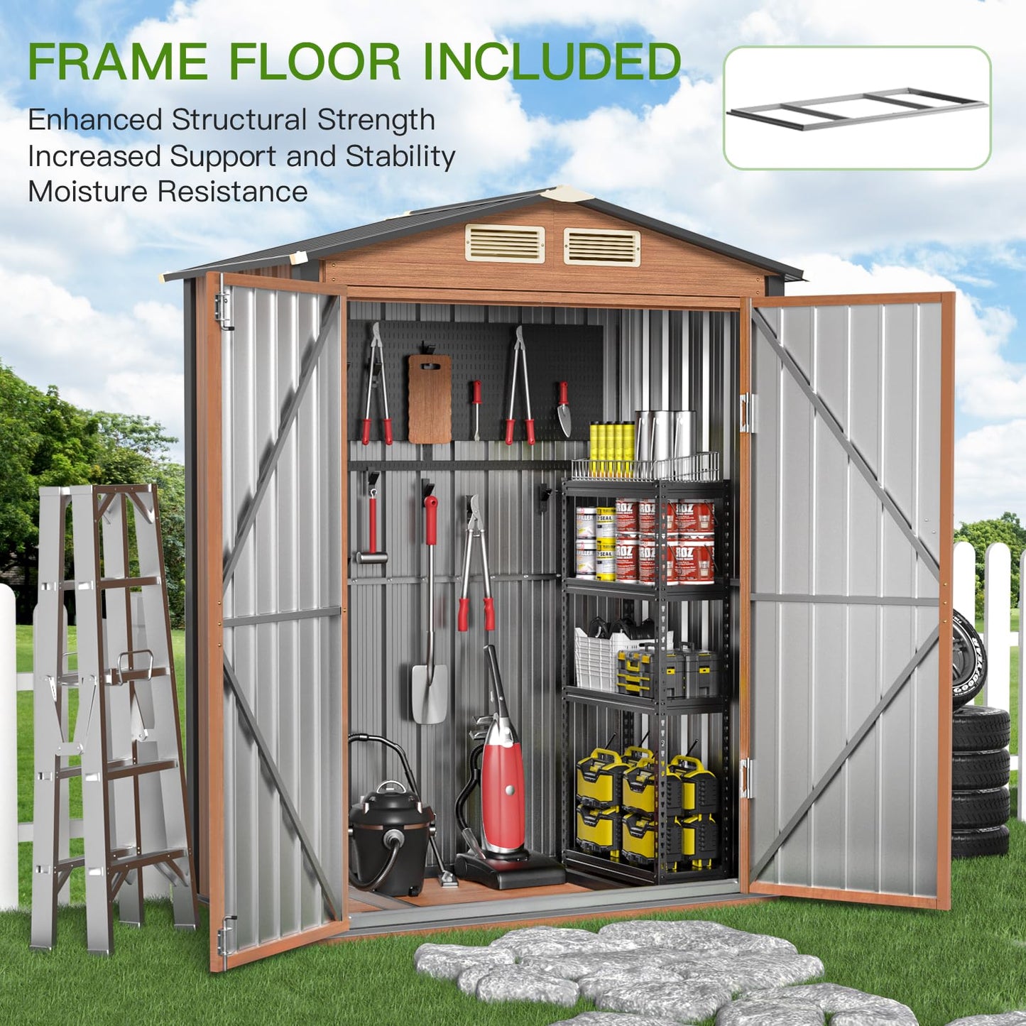 Florise Outdoor Storage Shed, 5x3 Ft Metal Steel Tiny House with Frame Floor & Lockable Door, Vertical Outside Storage Building for Garden, Backyard, Lawn, Patio Utility, Tool Storage