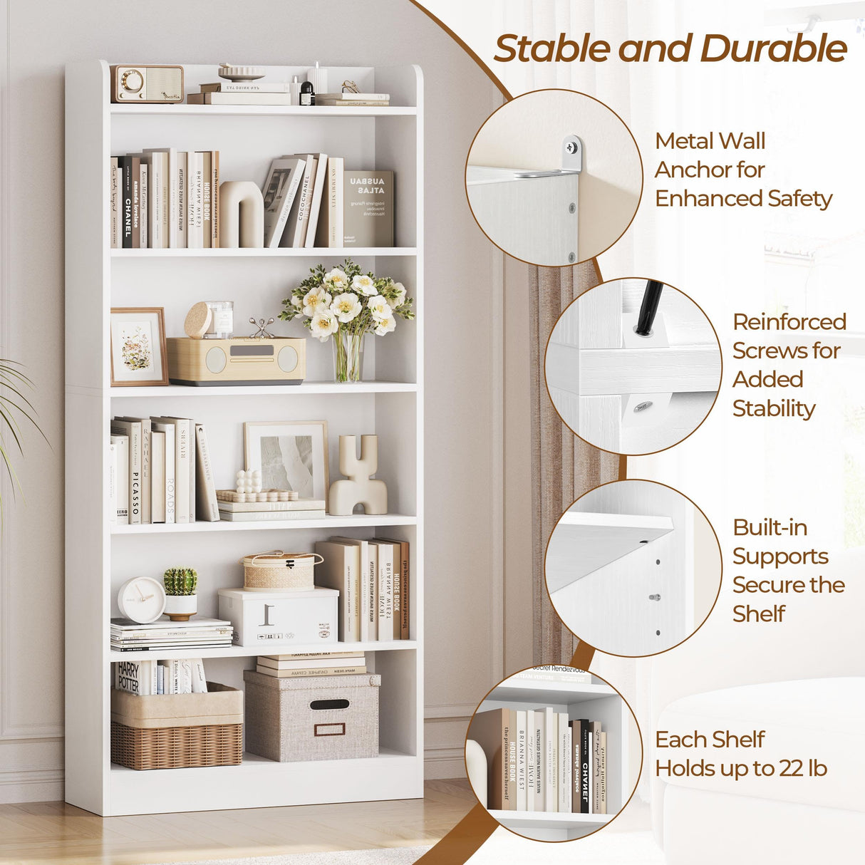 Yaheetech 6-Tier Open Bookcase and Bookshelf, Modern Simple Floor Standing Display Storage Shelves with Top Open Compartment for Home Office, Living Room, Bed Room - White Yaheetech