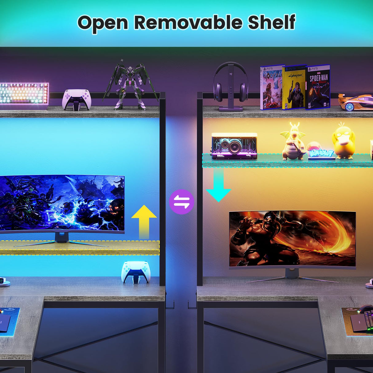 SEDETA L Shaped Computer Desk, 45.3” Small Office Desk, Corner Compuer Desk with Hutch, LED Lights, Power Outlet, Storage Shelves and Hooks for Home Office, Grey SEDETA